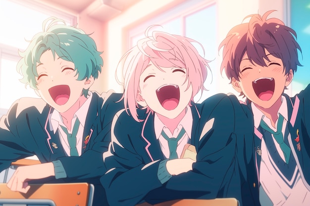 Anime style group of boys spending time together and enjoying their friendship