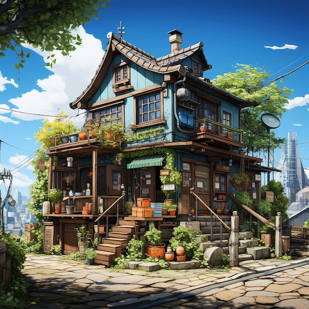 Free Photo anime style house architecture