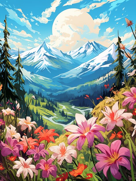 Anime style mountains landscape