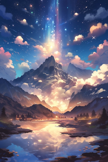 Anime style mountains landscape