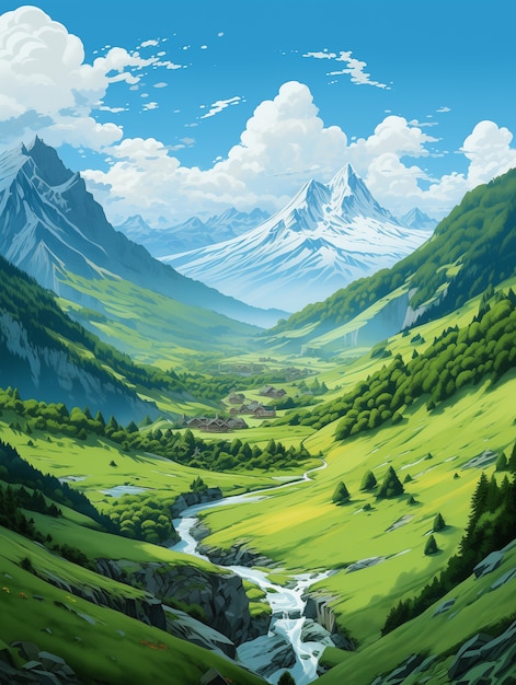 Free Photo anime style mountains landscape