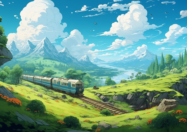 Free photo anime style mountains landscape