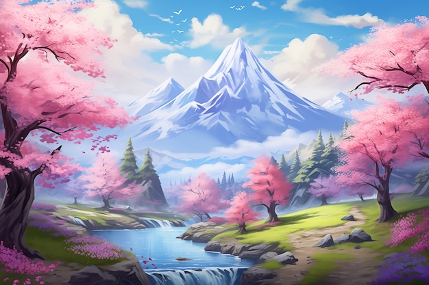 Free Photo anime style mountains landscape