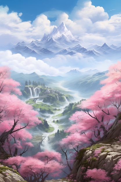 Free photo anime style mountains landscape