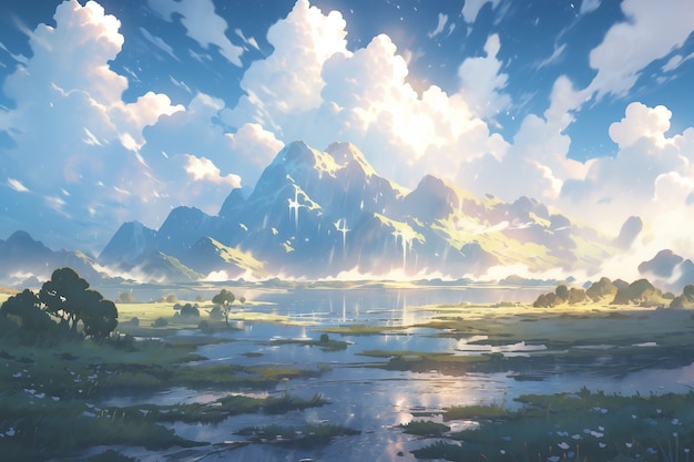 Anime style mountains landscape