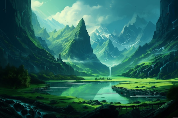 Anime style mountains landscape