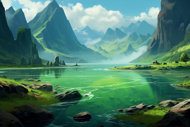 Free photo anime style mountains landscape