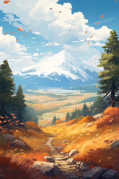 Free photo anime style mountains landscape