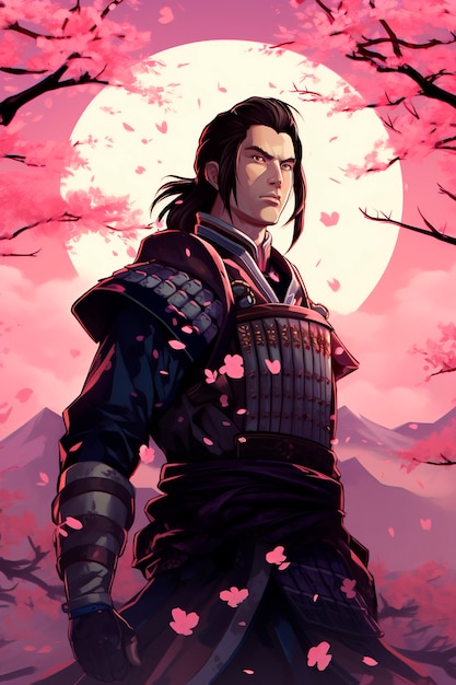 Anime style portrait of traditional japanese samurai character