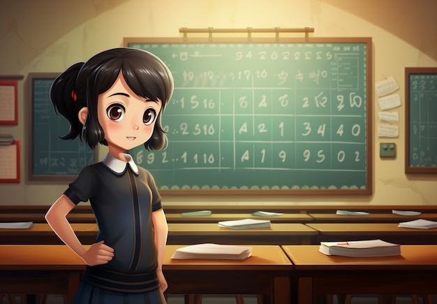 Anime style portrait of young student attending school