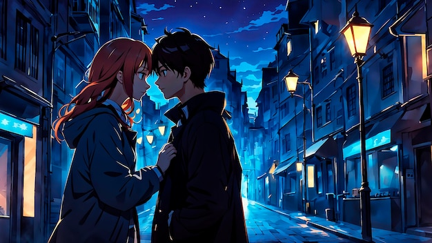 Anime style scene with people showing affection outdoors in the street