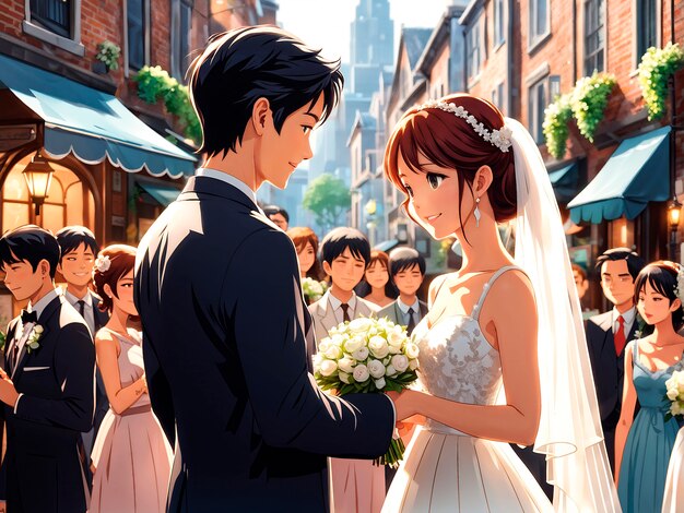 Anime style scene with people showing affection outdoors in the street