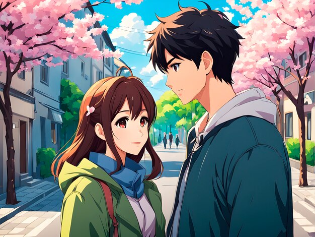 Anime style scene with people showing affection outdoors in the street