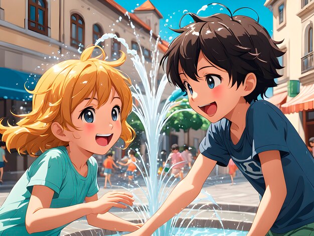 Anime style scene with people showing affection outdoors in the street