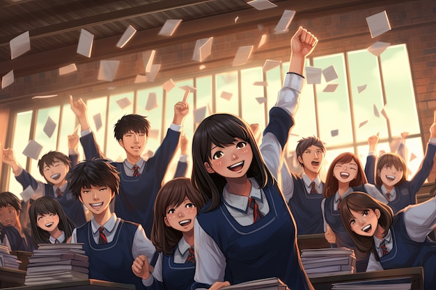 Anime style students attending school