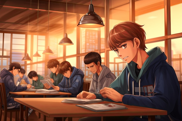 Anime style students attending school