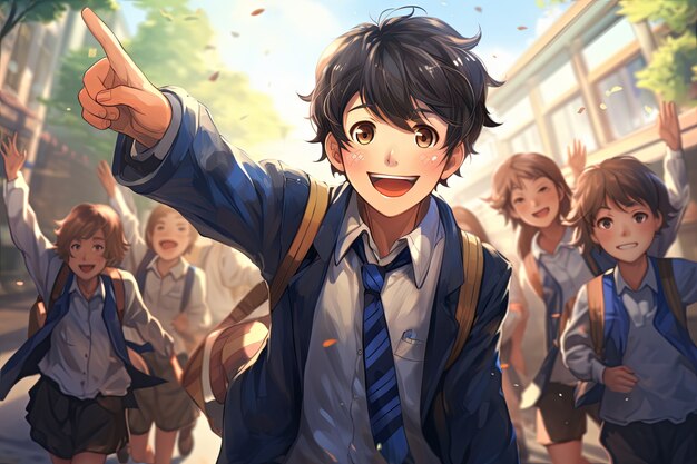 Anime style students attending school