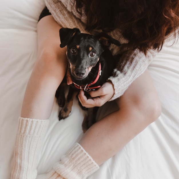 Free Photo anonymous female with dog on bed