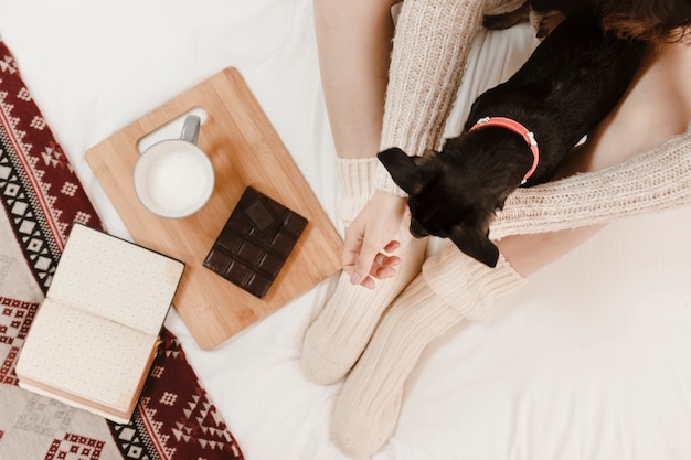 Free photo anonymous woman with dog near dessert and book