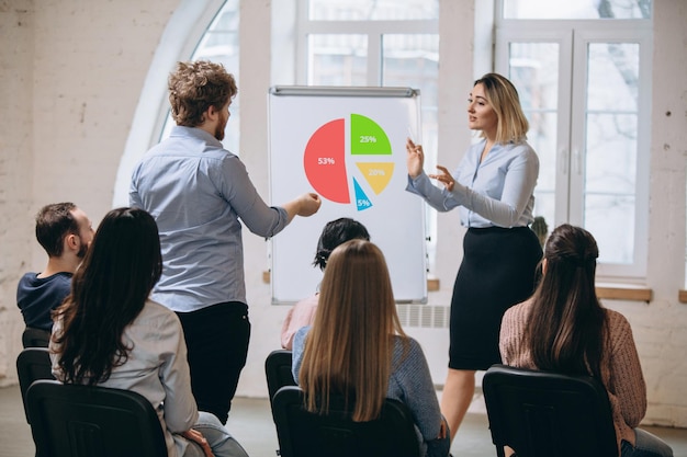 Free photo answer. female speaker giving presentation in hall at university workshop. audience or conference hall. rear view of unrecognized participants. scientific, business event, training. education