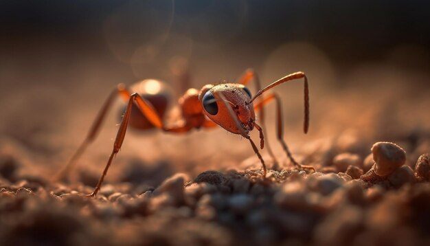 Ant colony crawls on tree branch at sunset generated by AI