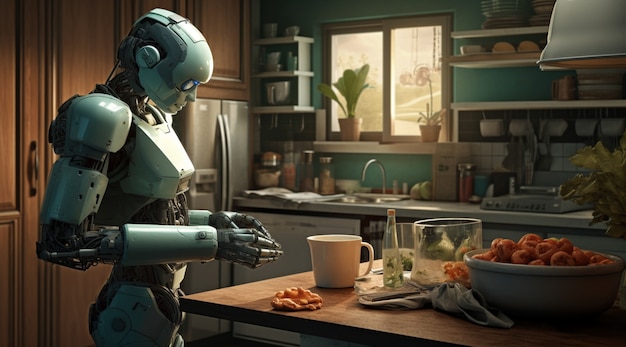 Anthropomorphic futuristic robot performing regular human job