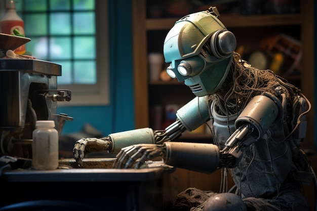 Free photo anthropomorphic futuristic robot performing regular human job