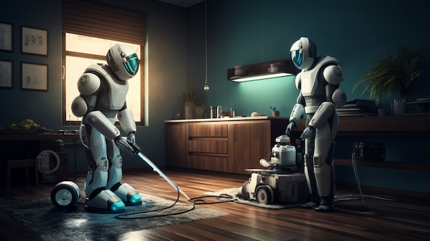 Free Photo anthropomorphic futuristic robot performing regular human job