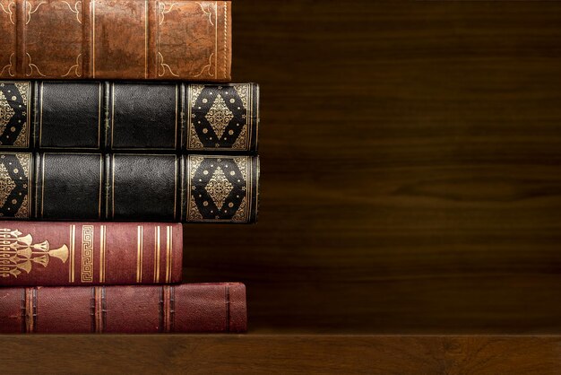 Antique books background, vintage library shelf