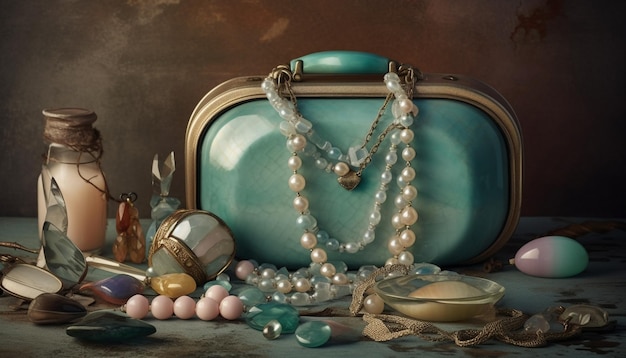 Antique jewelry collection pearls gemstones and gold generated by AI