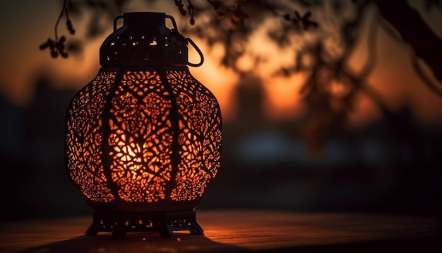 Free photo antique lantern glowing with bright orange light generated by ai