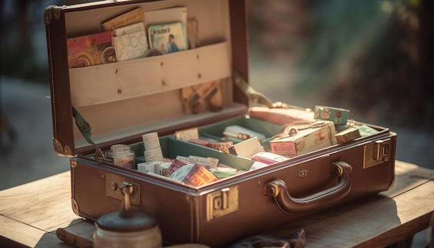 Free photo antique leather suitcase on old furniture shelf generated by ai