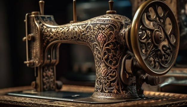 Antique sewing equipment on wood table creativity abounds generated by AI