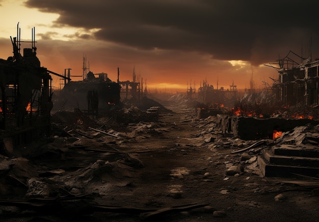 Apocalyptic war zone landscape with destruction