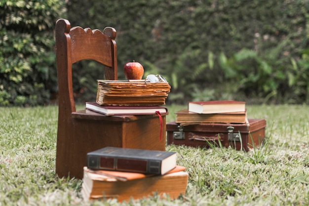 Free photo apple and books on chair in garden