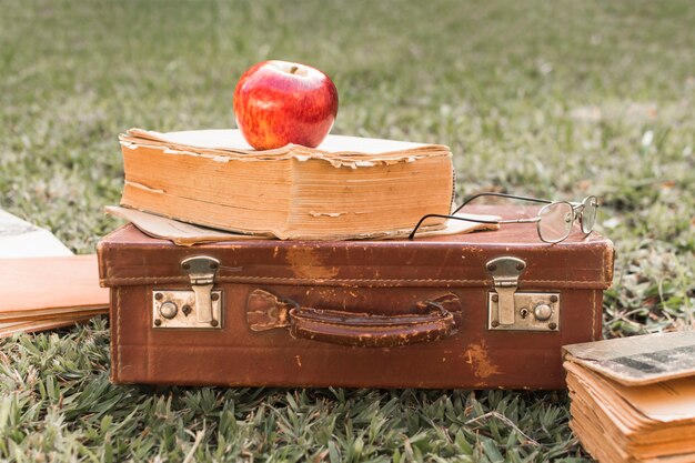 Free photo apple and glasses on book and suitcase