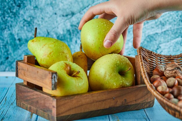 Apples and pear in wooden basket and bowl of hazelnuts on blue table.