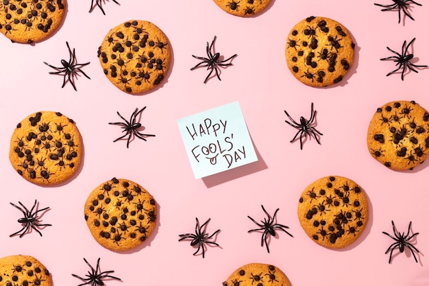 April fools day still life with chocolate chip cookies