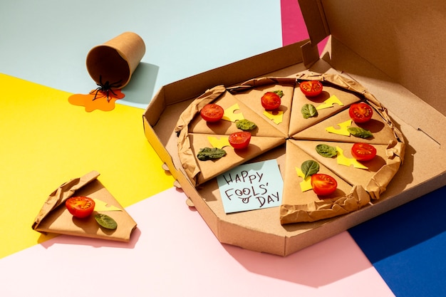 April fools day still life with paper pizza