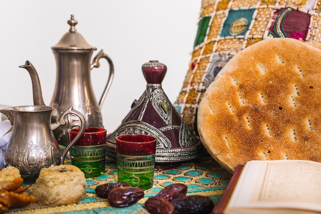 Arabian food composition for ramadan with tea