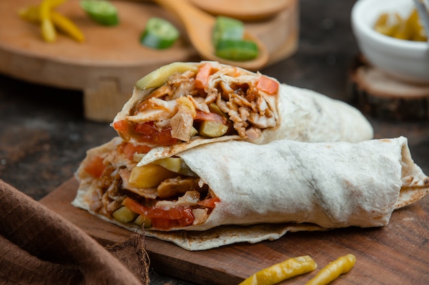 Arabic shaurma with stuffings in lavash.