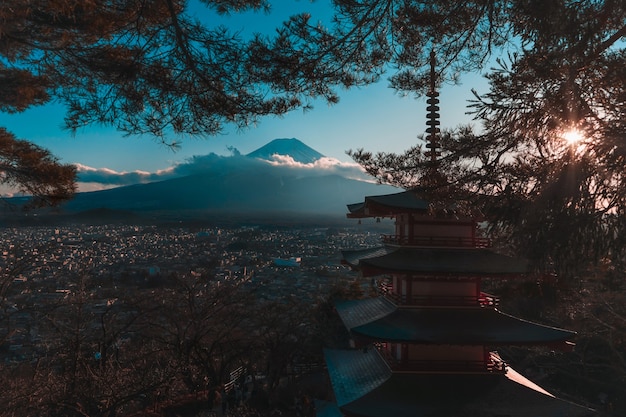 The Arakurayama Sengen Park in Fujiyoshida Japan with the Fuji mountain