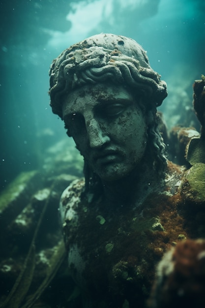 Free Photo archeological statue sitting underwater