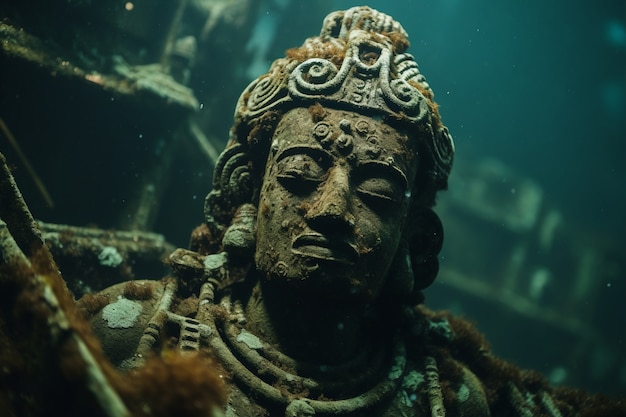 Free photo archeological statue sitting underwater