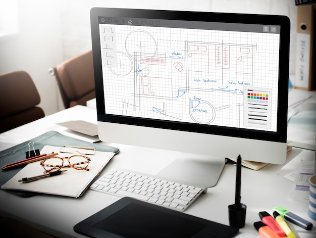 Free photo architecture plan blueprint layout work concept