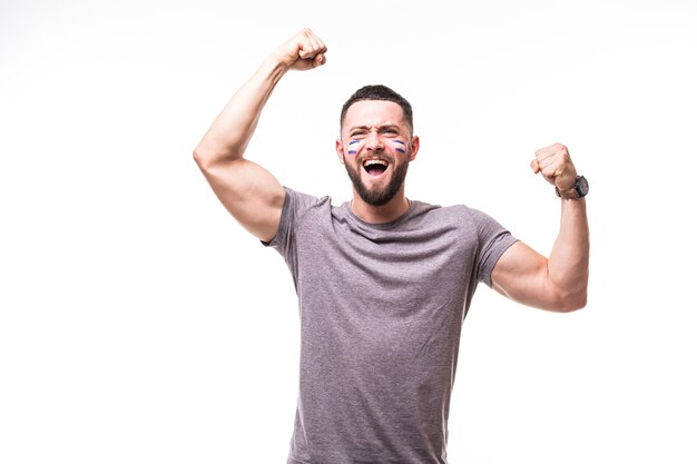 Argentina win. Victory, happy and goal scream emotions of Argentina football fan in game support of Argentina national team on white background. Football fans concept.