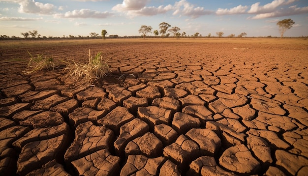 Arid mud landscape broken tree sunset season generated by AI