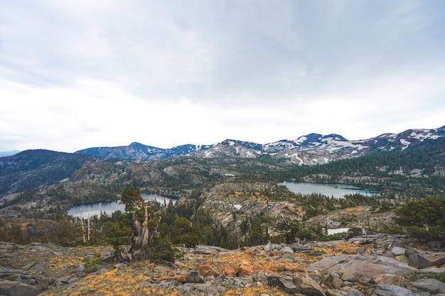 Free photo ariel shot of cliffs and mountains with trees growing around them near lake tahoe, ca