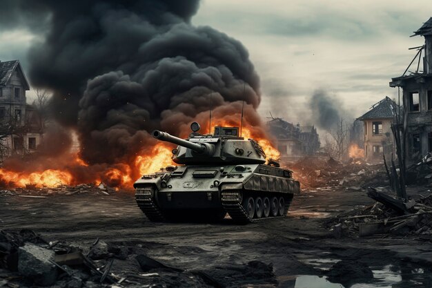 Army fighting during war with tank