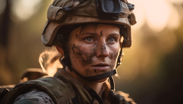 Army soldier in camouflage helmet smiles confidently outdoors generated by AI